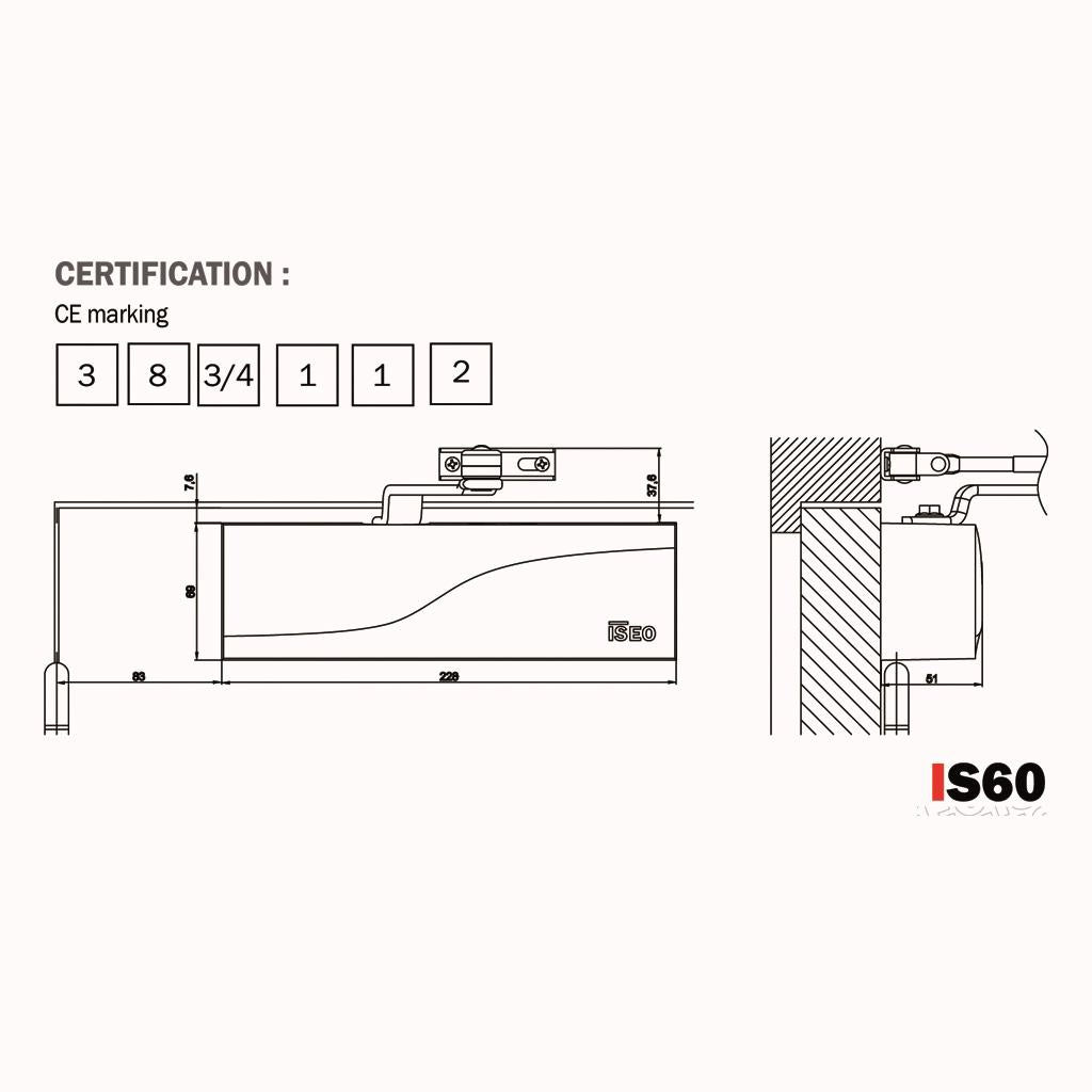 Ferme porte hydraulique aérien Iseo IS60 avec bras.