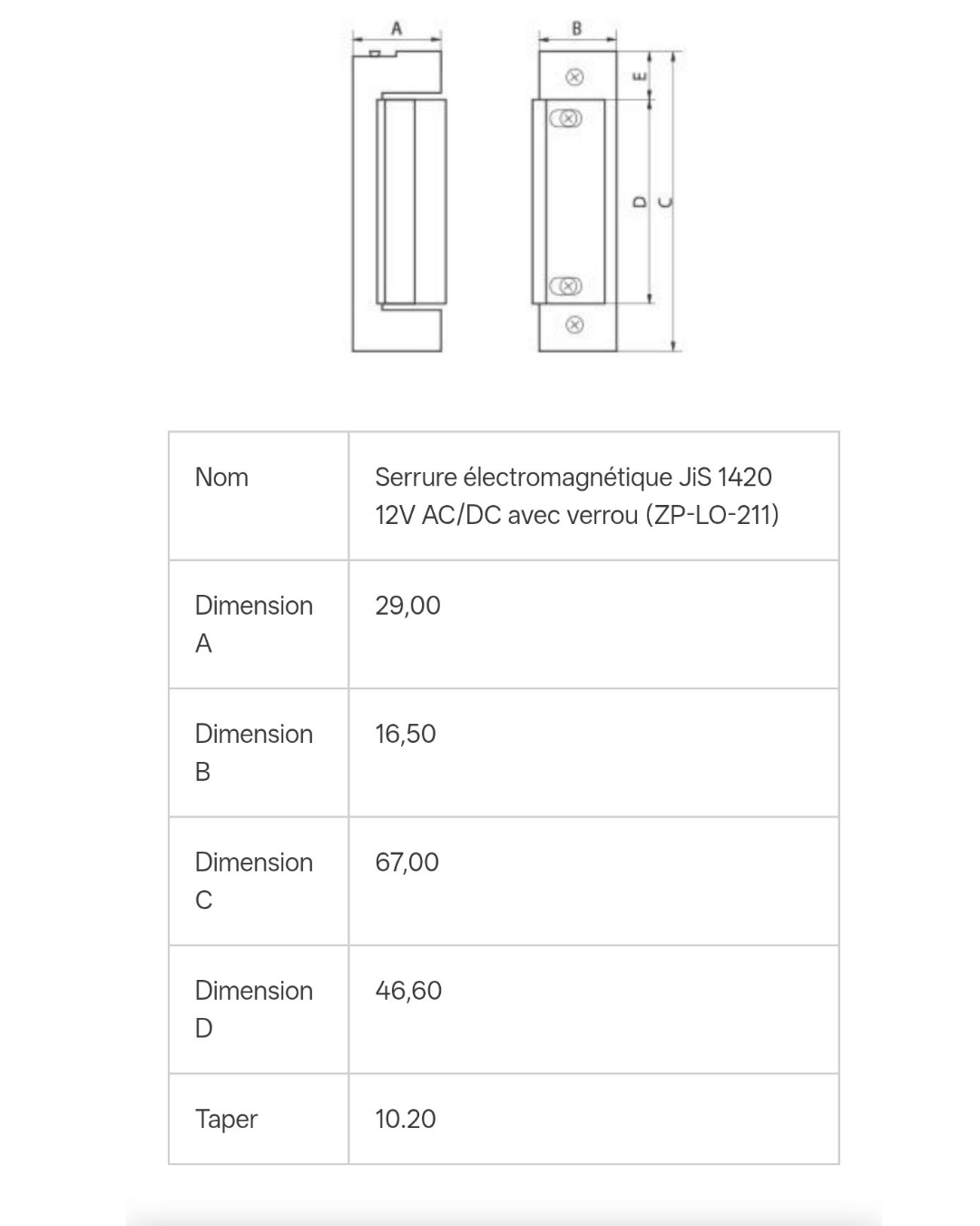 Gâche électrique 12-24V AC-DC avec levier de déverrouillage.