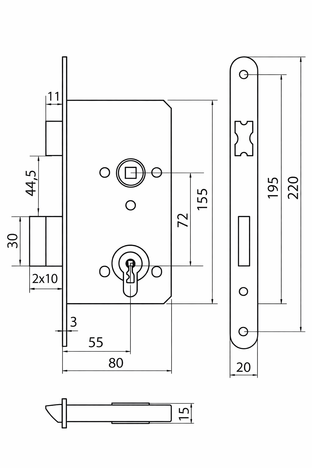 Serrure à mortaiser 55/72 PZ réverssible. Têtiere de 20mm.