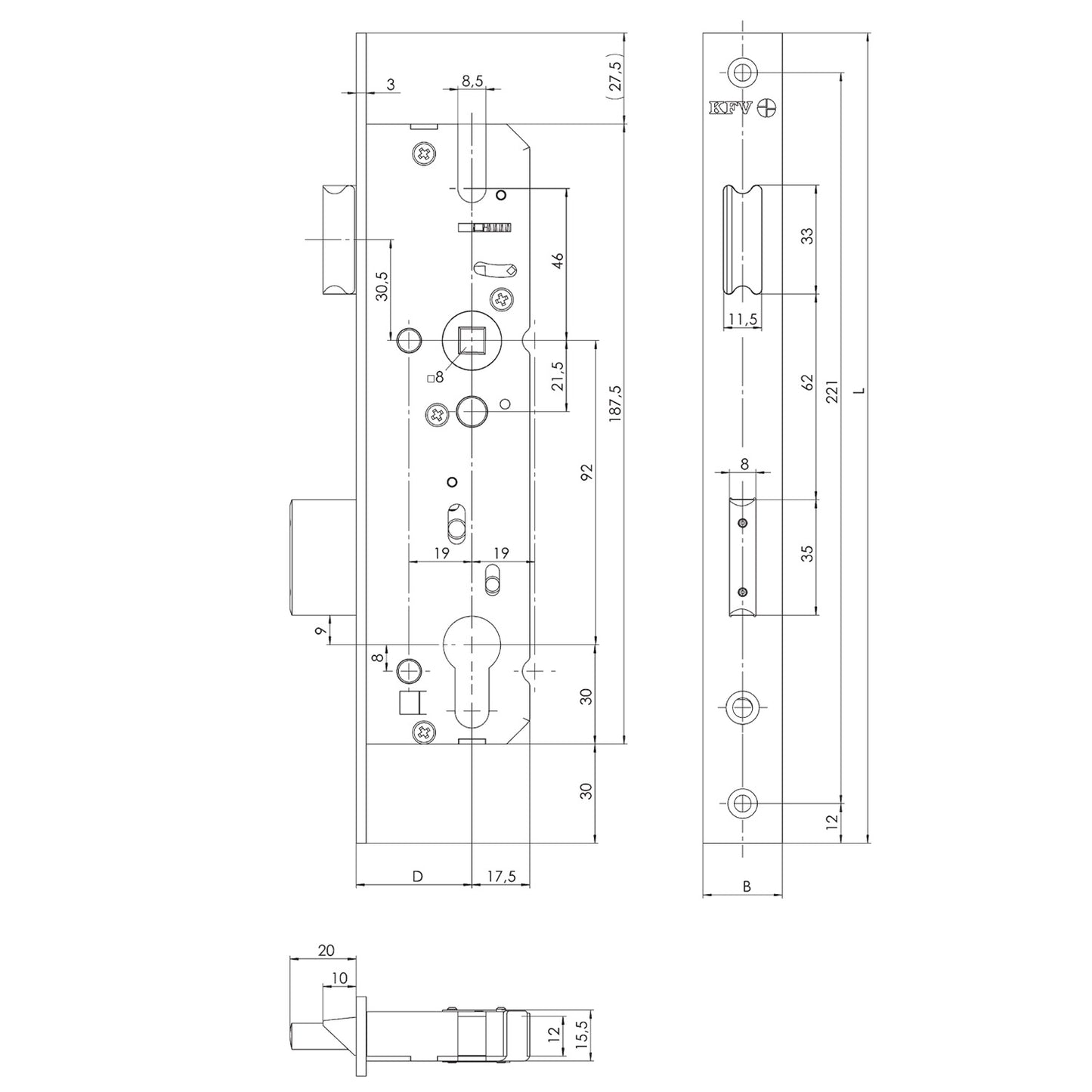 Serrure étroite PZ KFV . Entraxe 92mm avec têtière de 16mm.
