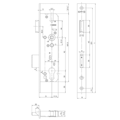 Serrure étroite PZ KFV . Entraxe 92mm avec têtière de 16mm.