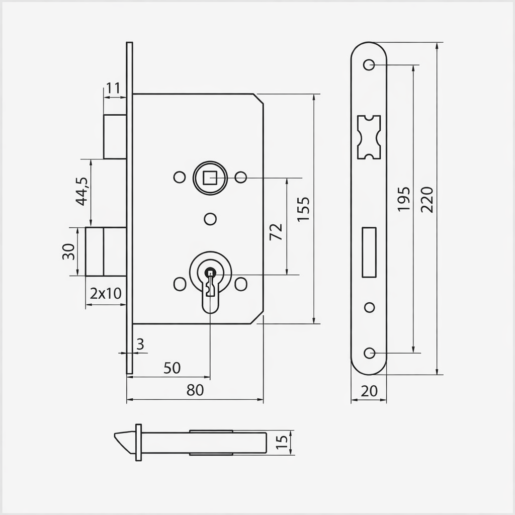 Serrure à mortaiser 50/72 PZ réverssible. Têtiere de 20mm.