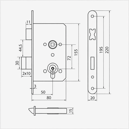 Serrure à mortaiser 50/72 PZ réverssible. Têtiere de 20mm.