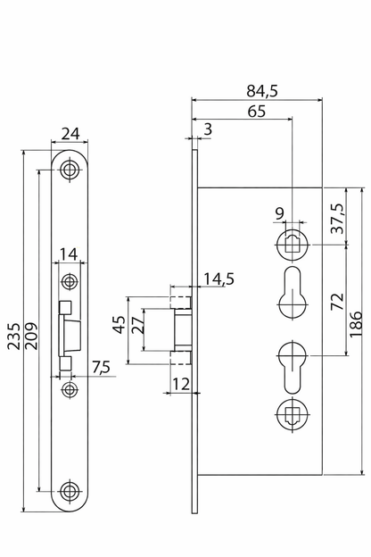 Serrure à mortaiser PZ 65/72 réversible.