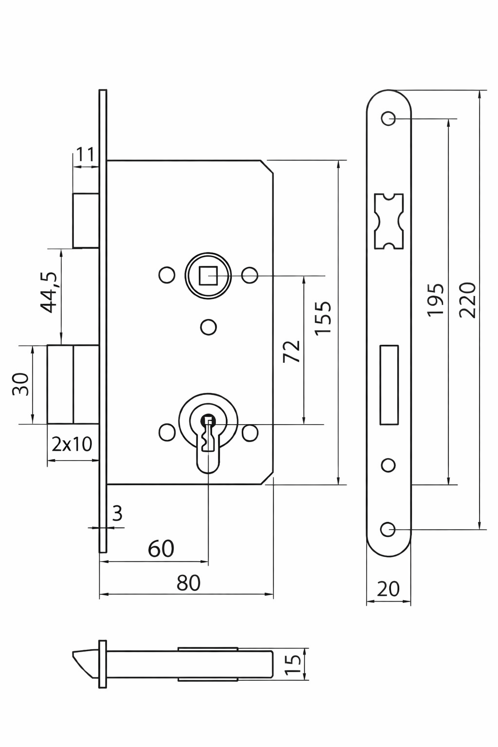 Serrure à mortaiser 60/72 PZ réverssible. Têtiere de 20mm.
