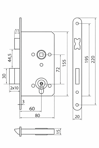 Serrure à mortaiser 60/72 PZ réverssible. Têtiere de 20mm.