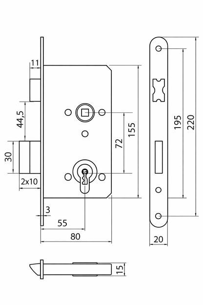 Serrure à mortaiser 55/72 PZ réverssible. Têtiere de 20mm.